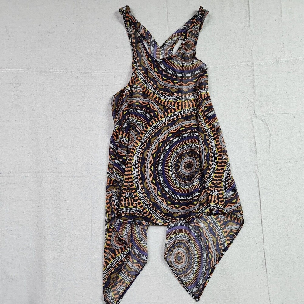 Cha Cha Vente Top Womens Large Orange Black Purple Geometric Asymmetrical Tank